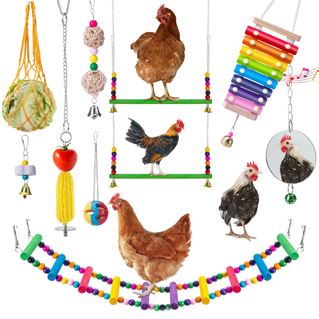EBaokuup 10PCS Chicken Toys for Hens Chicken Xylophone Toy Chicken Bridge Swing Toys Chicken Pecking Toys Chicken Mirror Toys and Vegetable Hanging Feeder for Chicken Hens ITDinos®