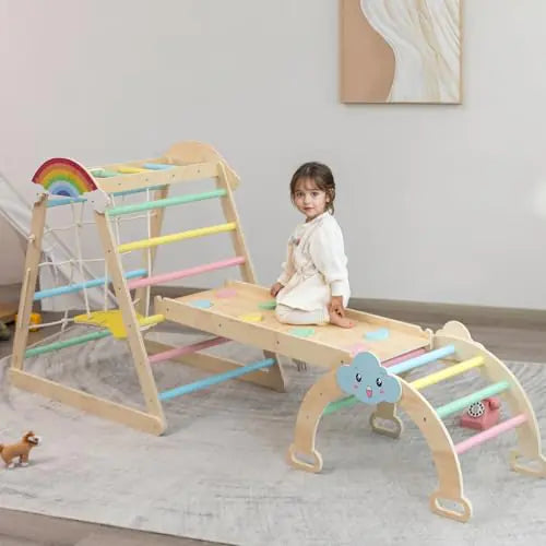 HIGOGOGO 9-in-1 Indoor Playground - Toddler Jungle Gym Montessori Climbing Set Toy Wooden Pikler Triangle with Monkey Bars Arch Rope Wall Swing for Kids 2-12 Years - Rainbow ITDinos®