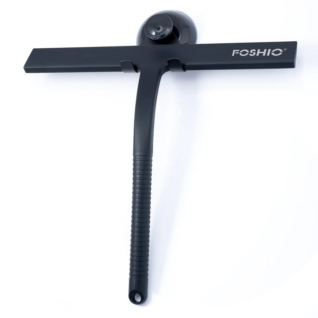 FOSHIO Shower Squeegee for Glass Doors with Suction Cup Silicone Squeegee for Window Cleaning Small Squeegee for Shower Glass Door Window Squeegee with Stainless Steel Non-Slip Handle (Black)