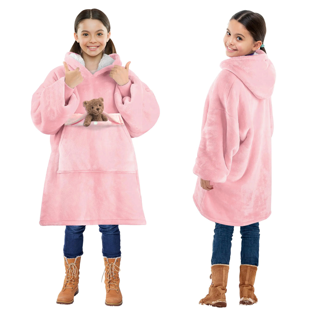 Solaris Wearable Blanket Hoodie for Kids - Warm Soft Gift Oversized Cozy Sherpa Fleece Sweatshirt Pullover for Teens Girls Boys Large Pocket Pink ITDinos®