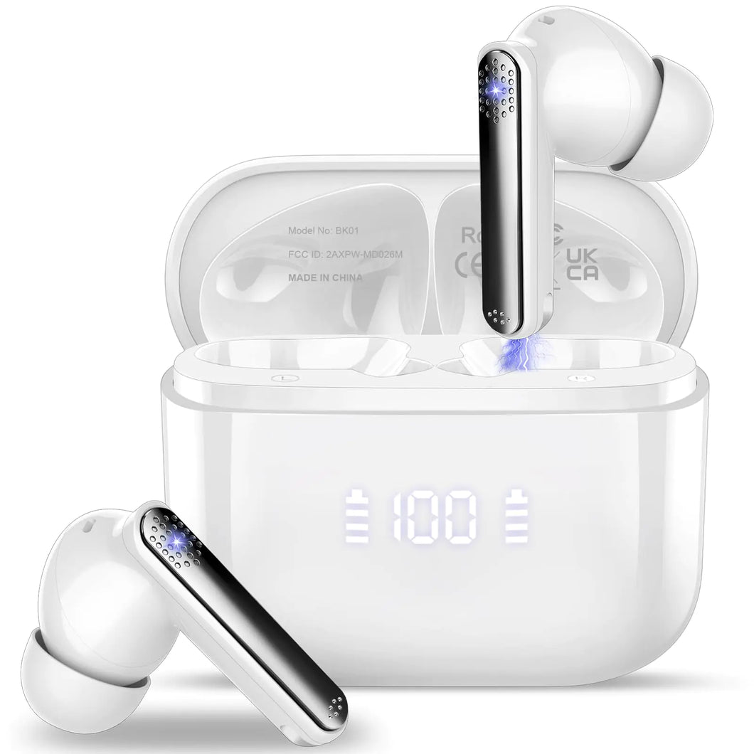 Aptkdoe Kopfhörer Kabellos Bluetooth 5.3 Bluetooth Kopfhörer mit ENC Mic 48Std Spielzeit Touch Control In Ear Kopfhörer mit LED-Anzeige Noise Cancelling IPX7 wasserdichte Ohrhörer Weiß ITDinos®