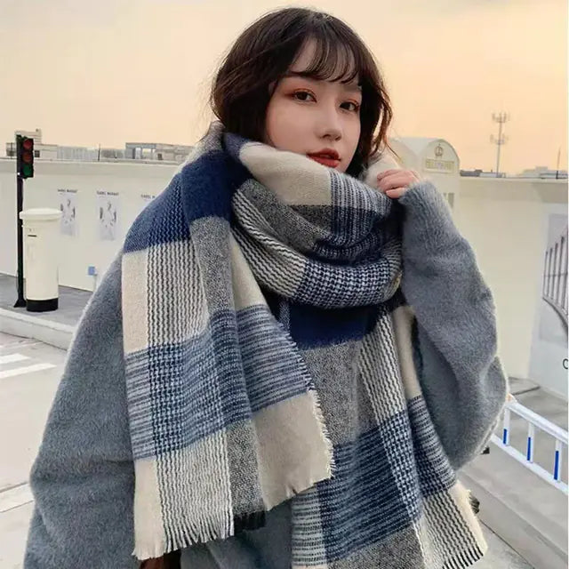 Women's Blue Plaid Winter Scarf with Tassels