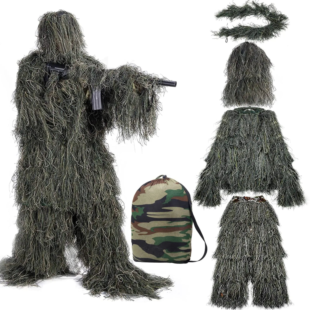 LATOLINON Ghillie Suit 5 in 1 3D Camouflage Hunting Suit Clothes Woodland Gilly Suit Hooded Gillies Suits for Men Hunting Hallowee Costume ITDinos®