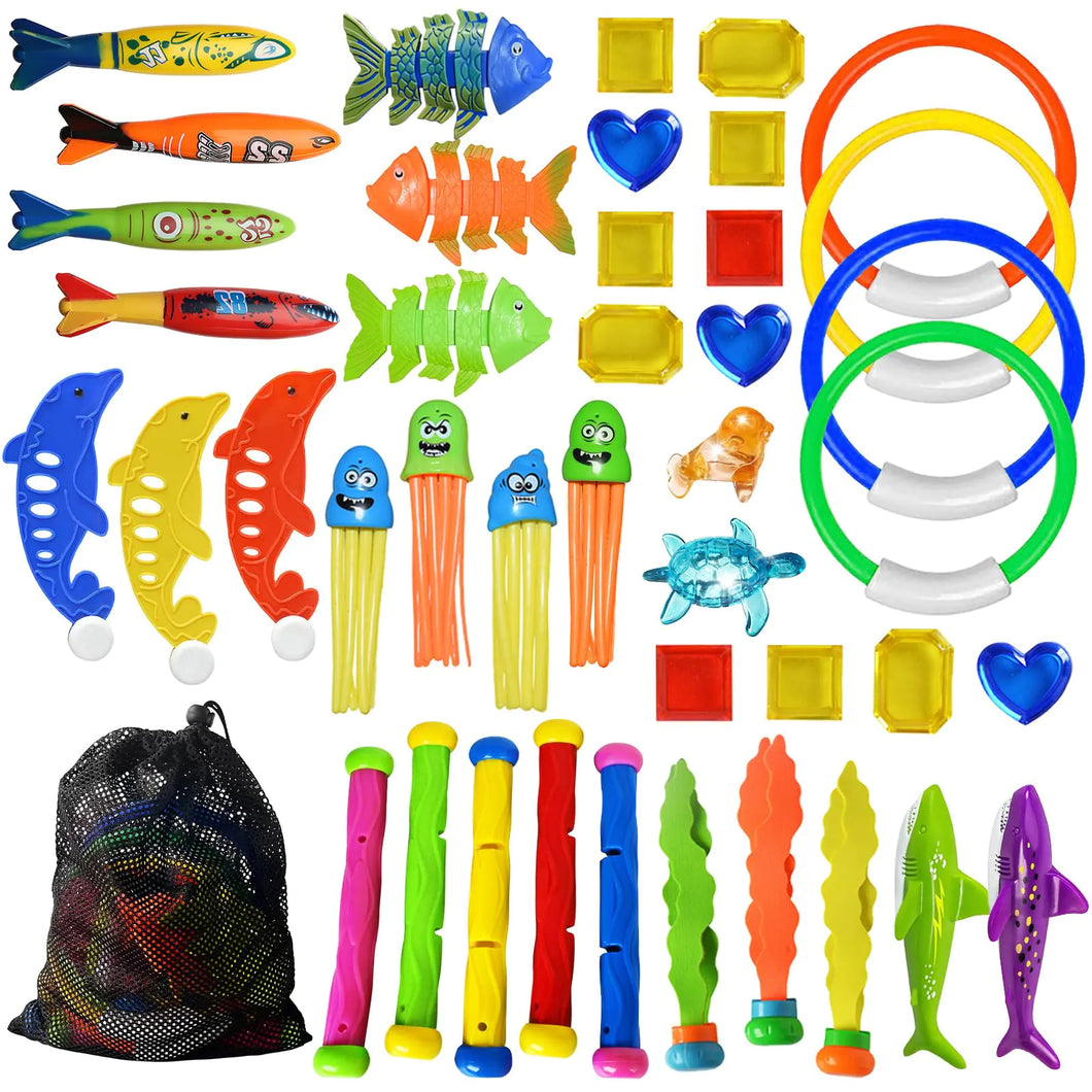 Jasonwell Pool Diving Toys Games - 42PCS Swimming Pool Toys with Dive Sticks and Rings Underwater Treasures Torpedo Bandits Fish Toys etc Fun Water Swim Toys for Boys Girls Adults Kids Teens ITDinos®