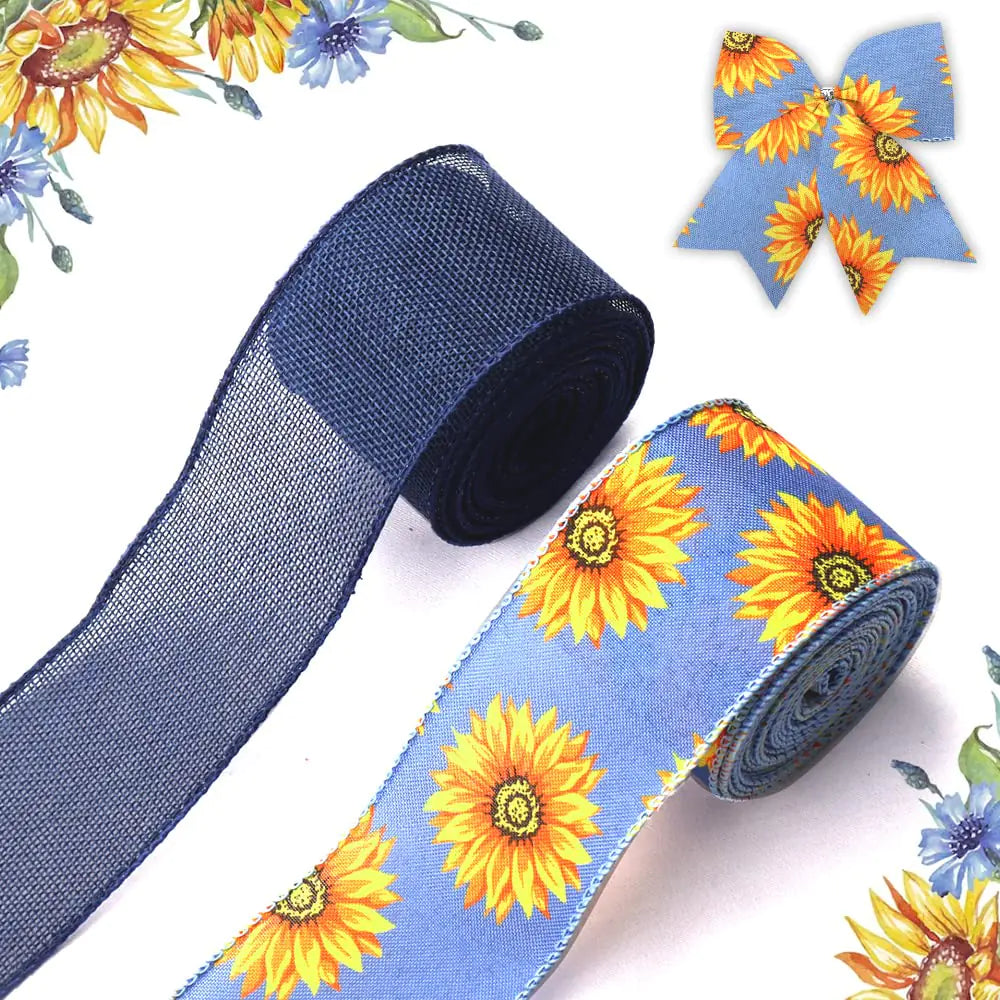 Hying 2 Rolls Spring Flowers Ribbons for Wreath Bows Summer Wired Edge Ribbons Blue Burlap Ribbon Spring Sunflowers Craft Ribbons for Gift Wrapping Wedding Decoration Supplies 2.5