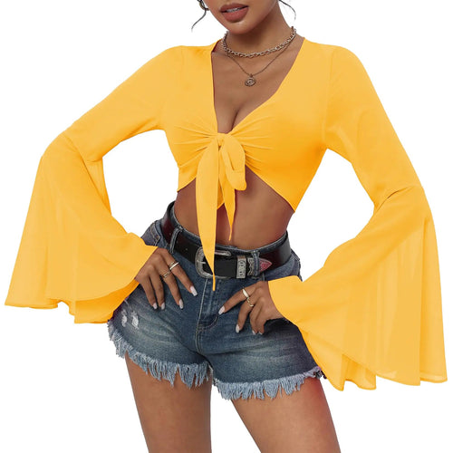 Yellow Bell Sleeve Mesh Tops for Women Rave Outfits Tie Front Crop Top Long Sleeve Shirt Sheer Blouse Festival Yellow Medium ITDinos®