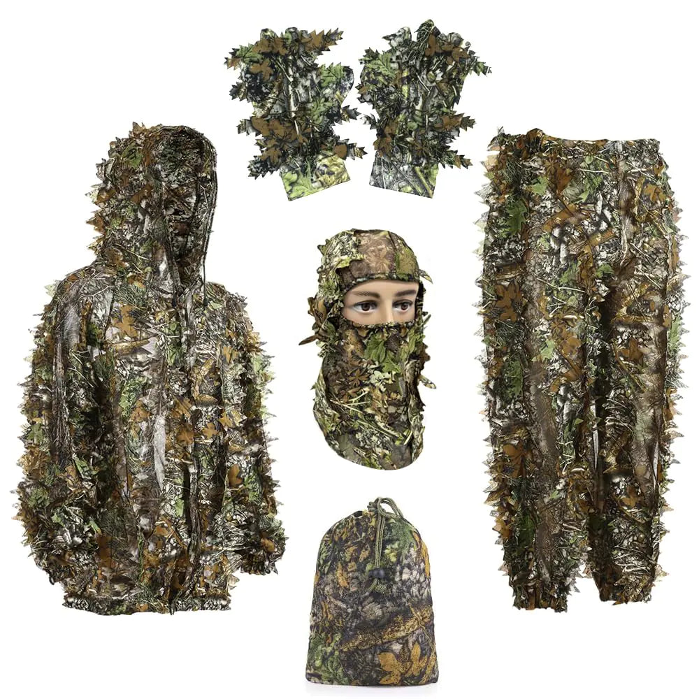 Ghillie Suit Gilly Hunting Suits Pants 3D Leaf Camo Leafy Hat Gloves ITDinos®