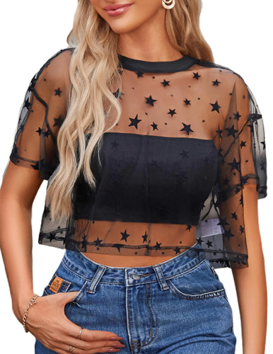 Avidlove Mesh Crop Top Sexy Rave Tops for Women Short Sleeve Fishnet Shirt for Festival Club Party (Black Star Medium) ITDinos®