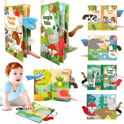 2 PCS Baby Books 0-6 Months3D Animal Tails Baby Soft Cloth Book High Contrast Sensory Books for BabiesWashable Baby Books Crinkle Cloth Books with Squeaker Newborn Books Baby Toys Xmas Gift ITDinos®