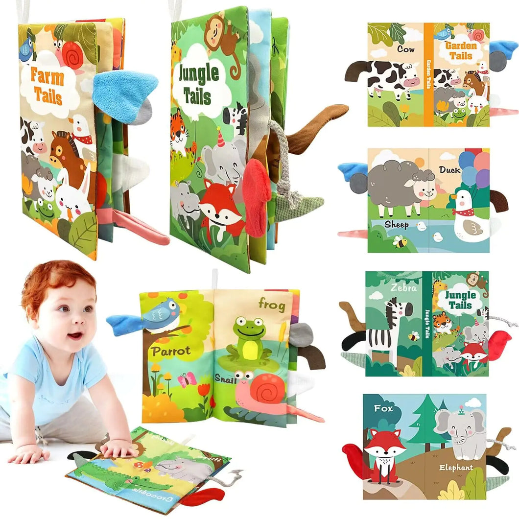 2 PCS Baby Books 0-6 Months3D Animal Tails Baby Soft Cloth Book High Contrast Sensory Books for BabiesWashable Baby Books Crinkle Cloth Books with Squeaker Newborn Books Baby Toys Xmas Gift ITDinos®