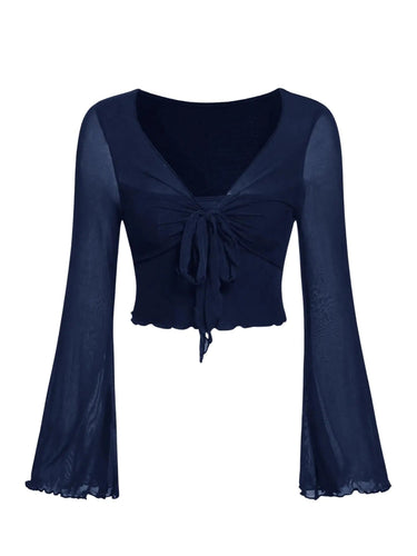 Womens Plus Size Mesh Tops Lace Coquette Bow Tie Front Bell Sleeve Shirt Crop Top Deep Blue 3XL ITDinos®