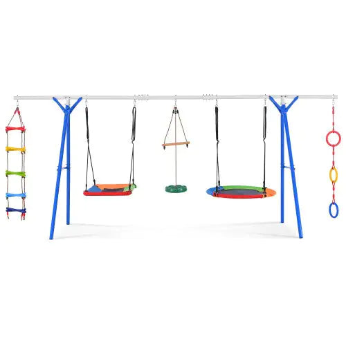 5-in-1 Outdoor Toddler Swing Set, Playground Swing Set With Steel Frame, Multifunctional Playset For Kids With Climbing Ladder, Saucer Swing, Monkey Pole Swing, Disc Swing And Swing Ring ITDinos®