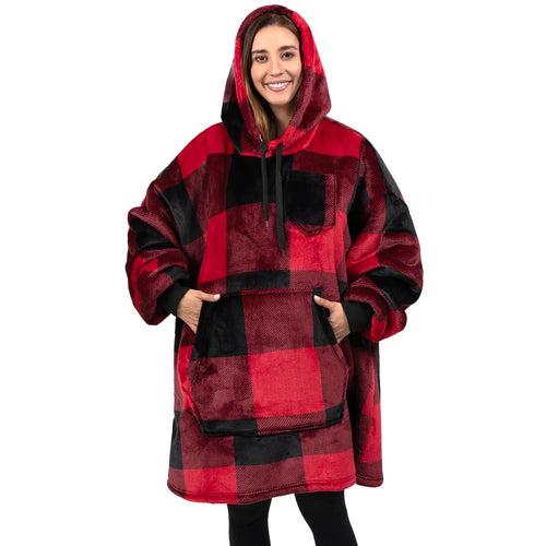 PAVILIA Blanket Hoodie for Women Red Sherpa Wearable Blanket Men Cozy Oversized Sweatshirt Blanket Warm Fleece Hooded Blanket Sweater with Sleeves and Giant Pocket Plaid Red ITDinos®