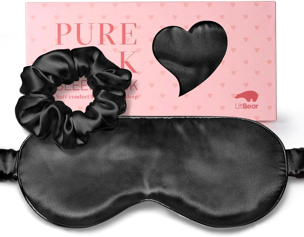 LitBear 100% Pure Silk Sleep Mask 22 Momme 6A Silk Fabric and Filling Total Light Blocking Mulberry Silk Eye Mask Sleeping for Women Men Side Sleepers Includes Travel Pouch and Silk Scrunchie
