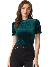 Lade das Bild in den Galerie-Viewer, Allegra K Halloween Ruffle Collar Shirt for Womens Short Sleeve Casual Velvet Tops Blouse X-Large Blue Green ITDinos®
