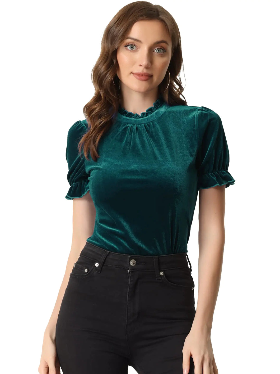Allegra K Halloween Ruffle Collar Shirt for Womens Short Sleeve Casual Velvet Tops Blouse X-Large Blue Green ITDinos®