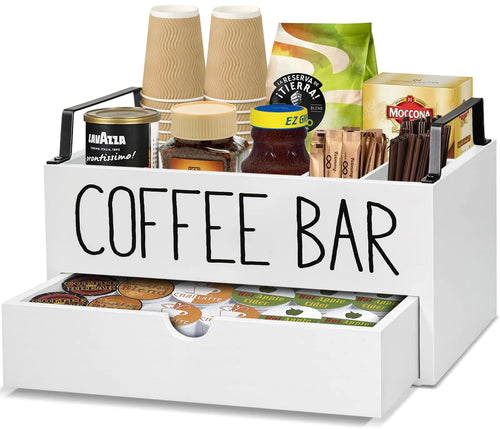 Coffee Station Organizer with Drawer Wooden Coffee Bar Accessories Organizer for Counter Farmhouse Kcup Coffee Pod Holder Storage Box with Handle Coffee Bar Organizer Station for Coffee Bar Decor ITDinos®