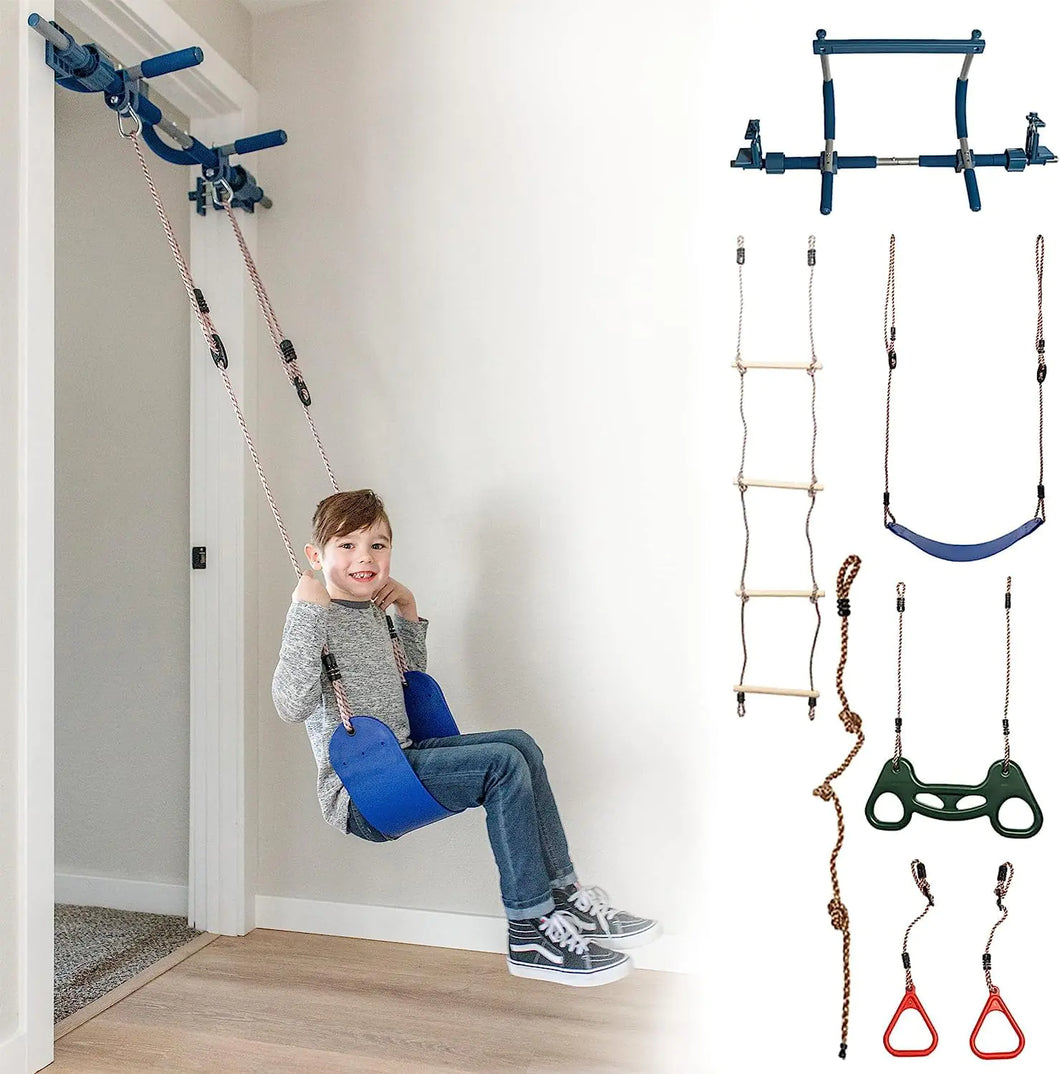 Gym1 6-Piece Doorway Gym for Kids - Includes Door Sensory Swing Indoor Pull-Up Bar for Adults Rings Hanging Trapeze Ladder & Knotted Rope Holds Up to 300 Lbs - Pull Up Bar for Doorway ITDinos®
