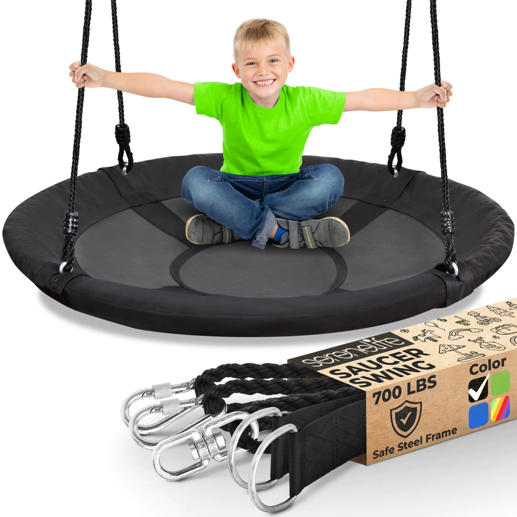 SereneLife Saucer Swing with Hang Kit Outdoor Tree Swing with Swivel Spinner for Kids (Black) ITDinos®