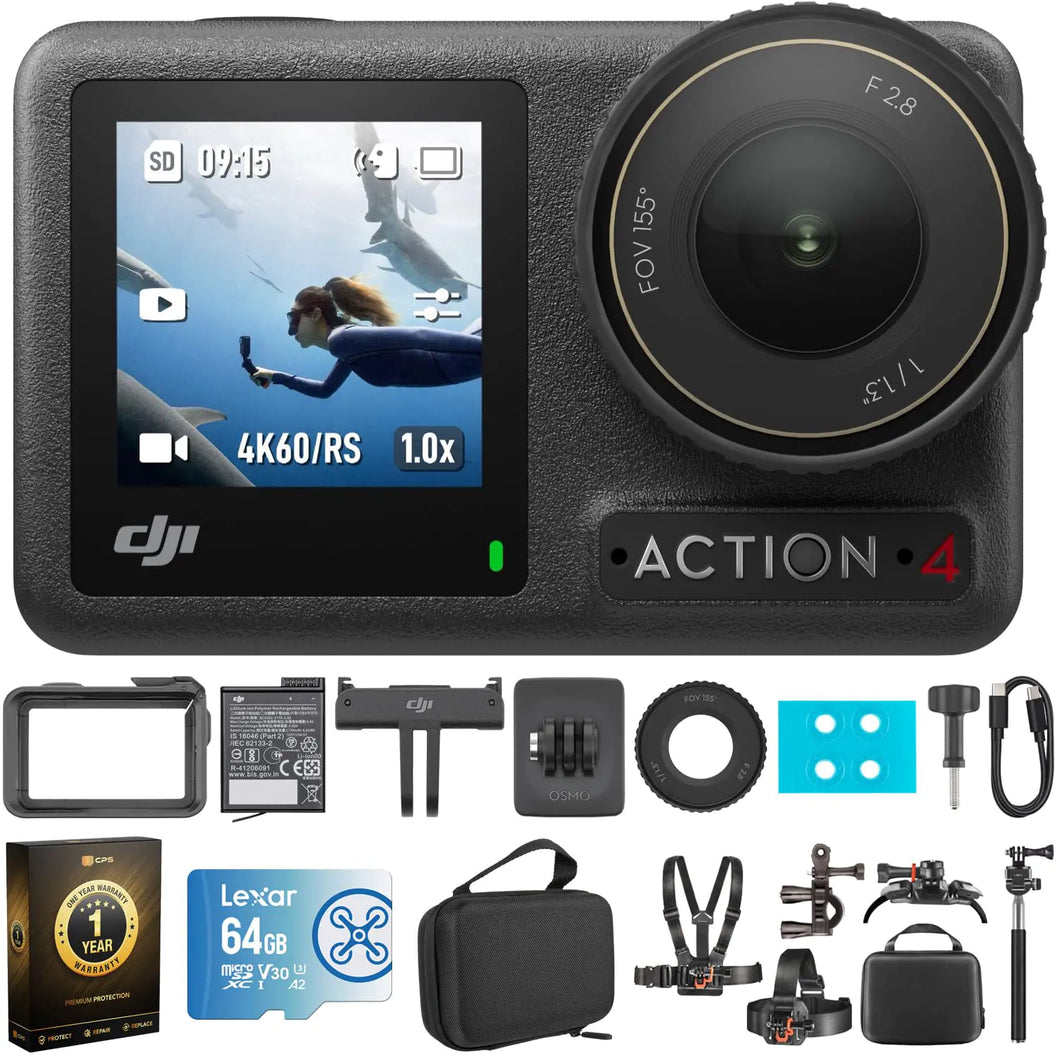 DJI Osmo Action 4 Standard Combo - 4K Waterproof Action Camera Bundle with Lexar 64GB Memory Card Protective Case 1 YR CPS Enhanced Protection Pack and 6-Piece Accessory Kit