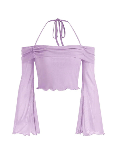 GORGLITTER Womens Bell Sleeve Off The Shoulder Tops Mesh Long Sleeve Ruched Halter Crop Top Lilac Purple Small ITDinos®