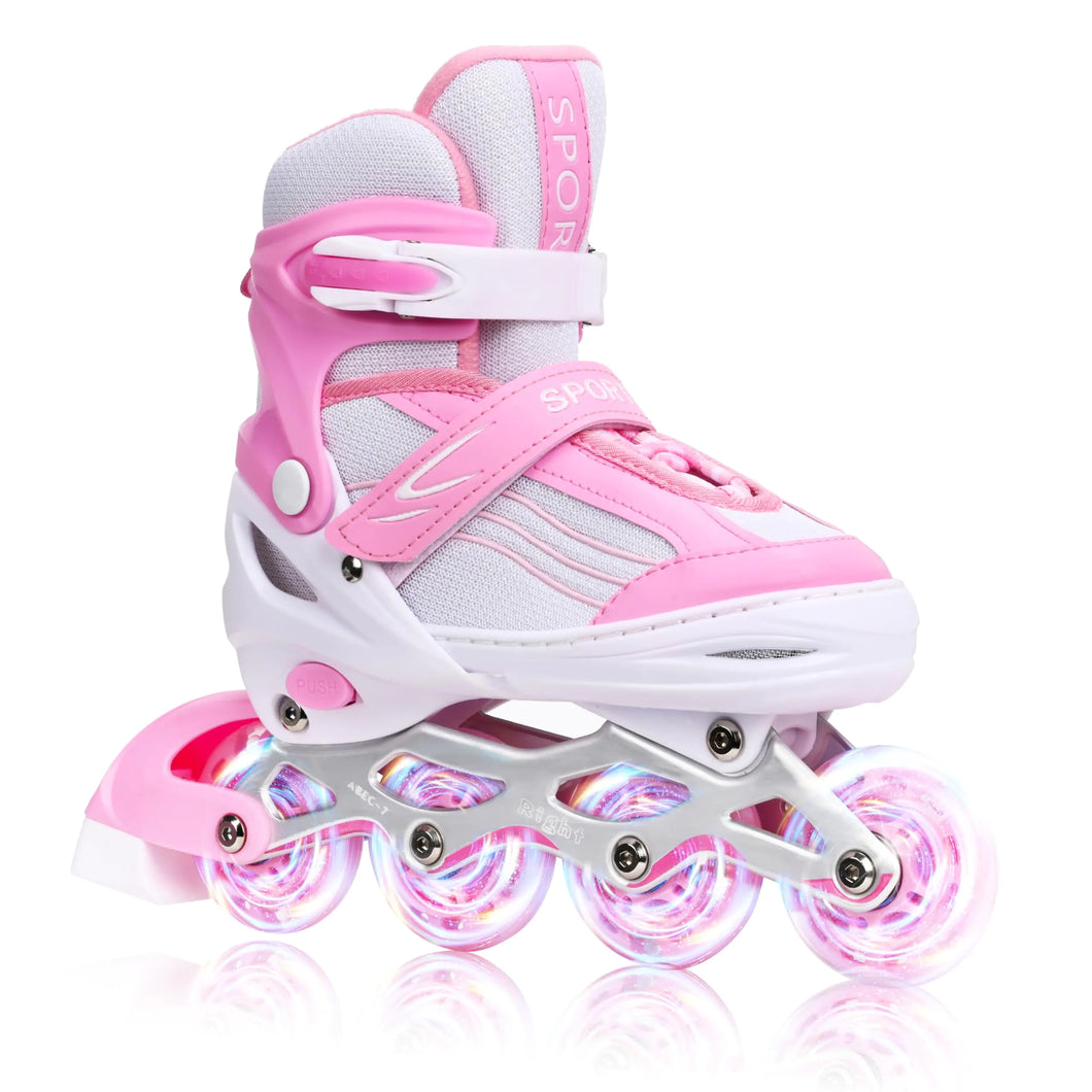 Kids Inline Skates for Girls Boys with All Wheels Illuminating Adjuatable Mens and Womens Roller Skates Blades for Beginner in Outdoor and Indoor (Pink&White Large - Teens&Youth)