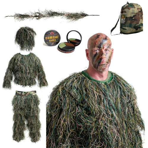 Arcturus Ultra-Lite Ghillie Suit | Includes BONUS 3-Color Face Paint | Camouflage Hunting & Sniper Suit for Men (Woodland XL) ITDinos®