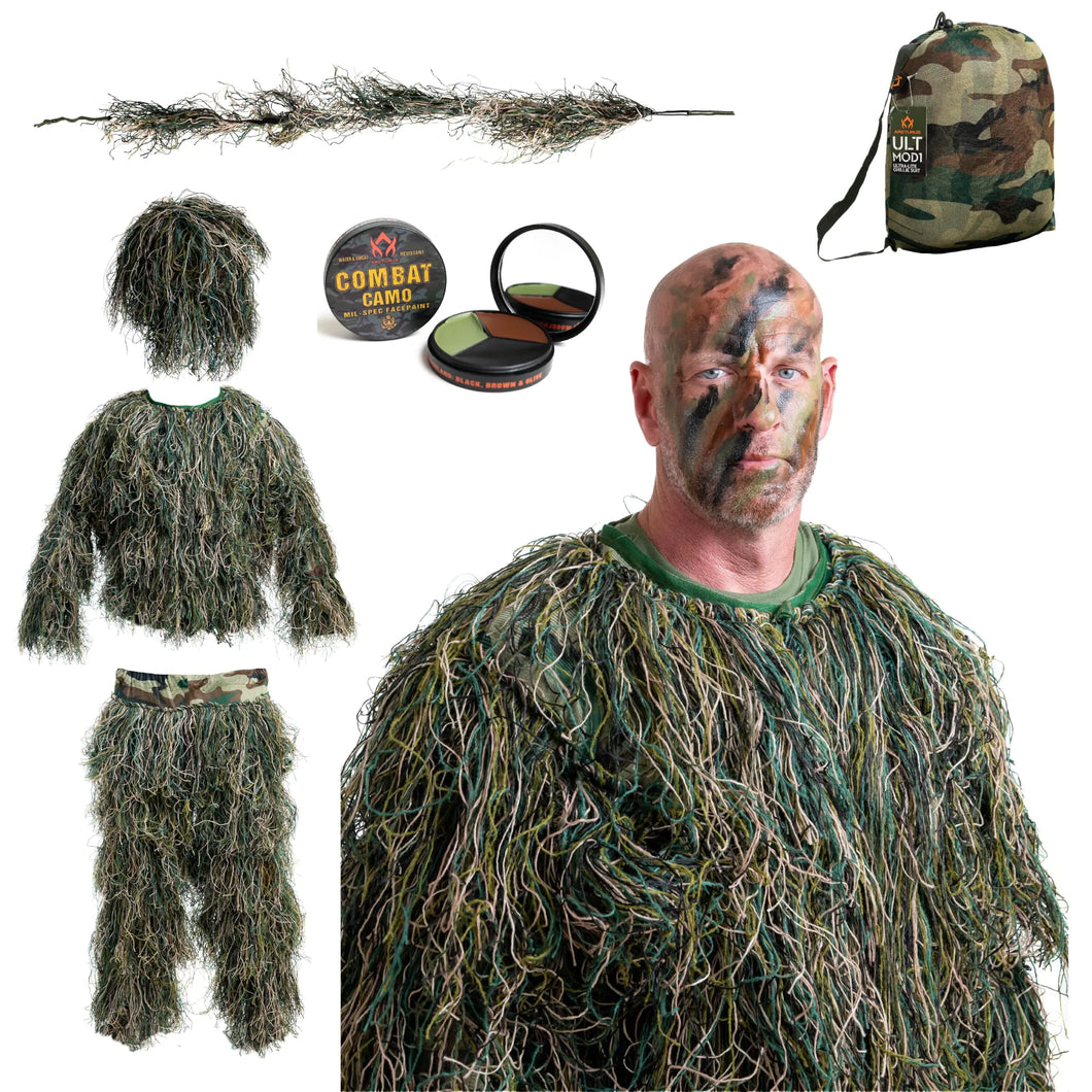 Arcturus Ultra-Lite Ghillie Suit | Includes BONUS 3-Color Face Paint | Camouflage Hunting & Sniper Suit for Men (Woodland XL) ITDinos®