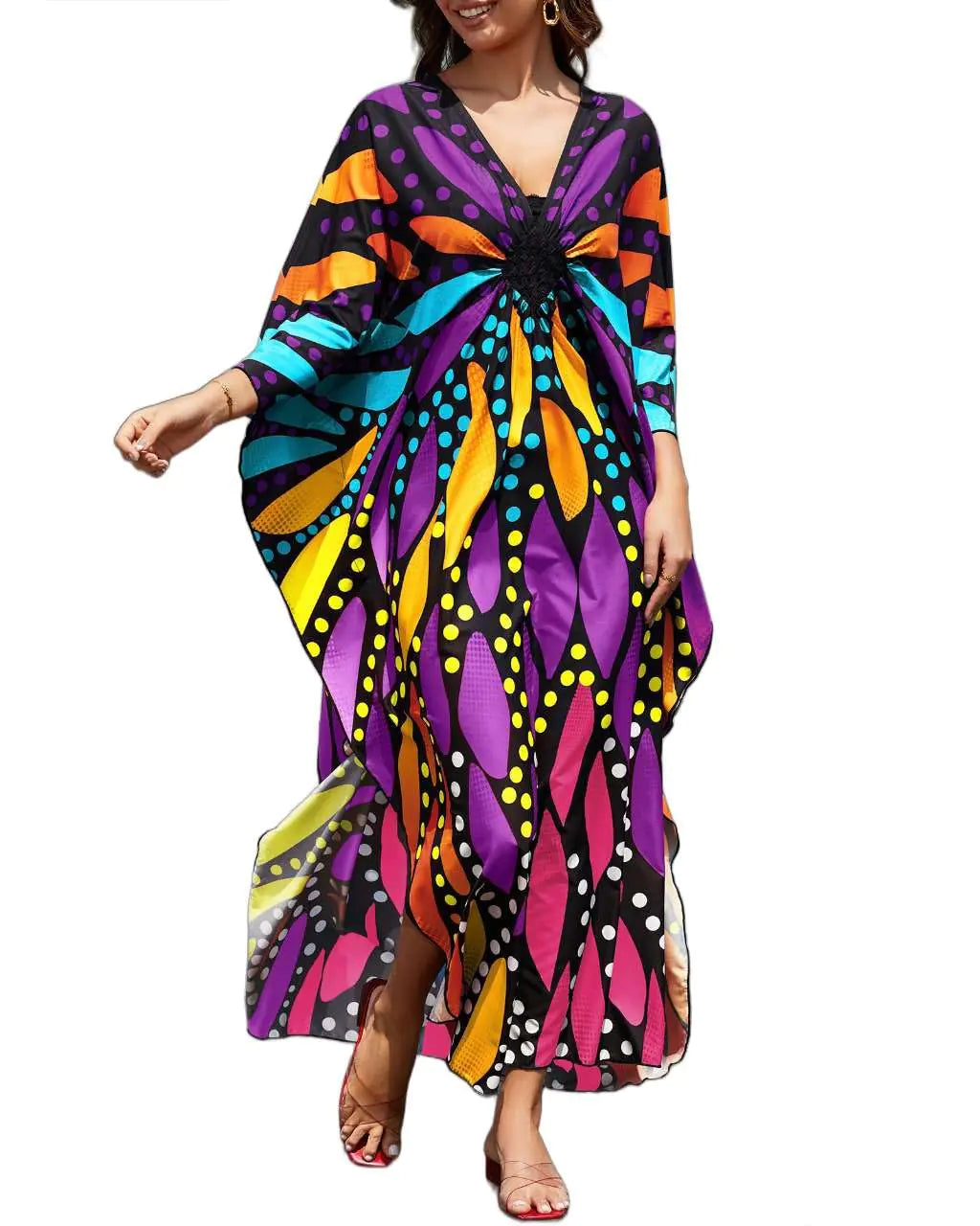 Bsubseach Kaftan Dresses for Women Plus Size Bathing Suit Cover Up V Neck Long Beach Caftan Dress Purple Butterfly ITDinos®