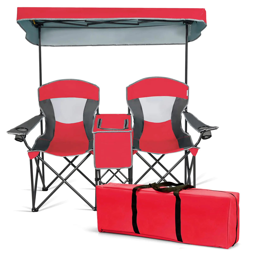 DORTALA Double Camping Chair with Canopy 2 Person Folding Beach Chair with Canopy Shade Table Beverage Holder and Storage Bag Double Rocker Chair Outdoor for Camping Beach Picnic Red ITDinos®