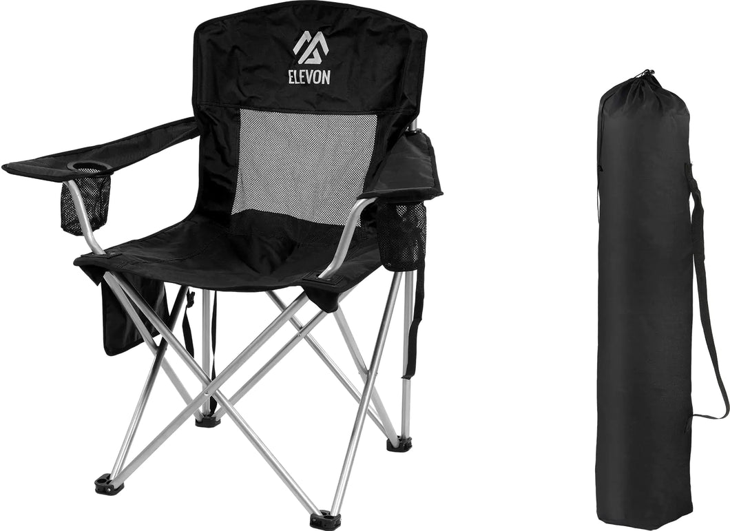 Elevon Camp Chairs Outdoor Folding Chair Camping Recliner Support Mesh Backrest Lawn Chair with Cup Holder Storage Pocket Carrying Bag Black ITDinos®