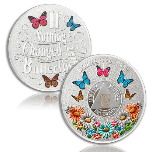 Colorful Sunflower 4 Year Sobriety Coin Butterfly Four Year Sobriety Chip Courage to Change AA Chips and Medallion Silver AA Coin Recovery Anniversary Token Sobriety Gifts for Men Women ITDinos®