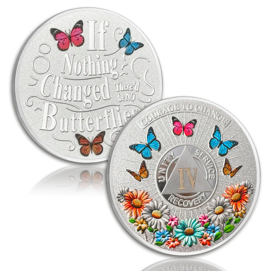 Colorful Sunflower 4 Year Sobriety Coin Butterfly Four Year Sobriety Chip Courage to Change AA Chips and Medallion Silver AA Coin Recovery Anniversary Token Sobriety Gifts for Men Women ITDinos®
