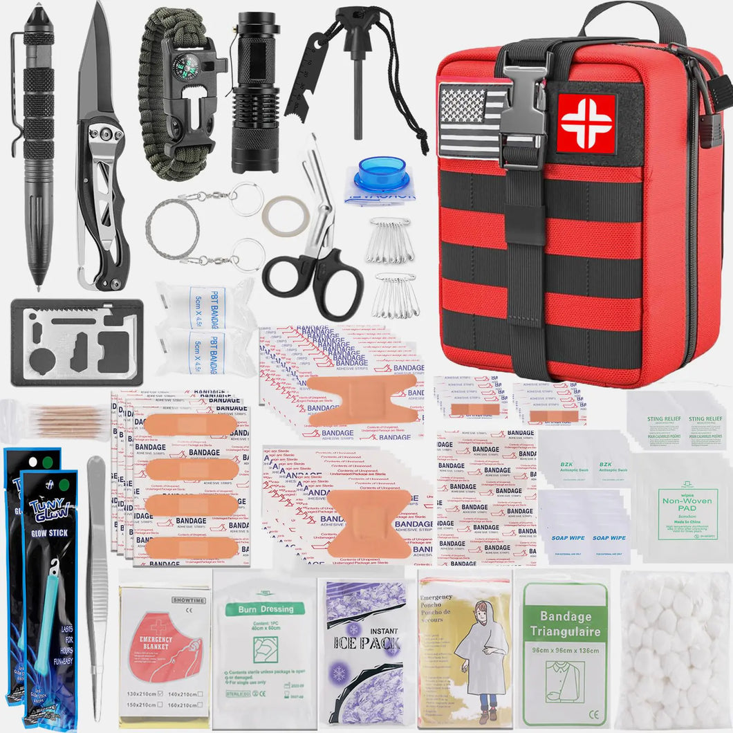 Emergency First Aid Kit - 282 Piece Premium Survival Gear Essentials Supplies for Car Trucks Hiking Travel Camping Boating and Adventures Waterproof Compact Molle Pouch Survival Kit