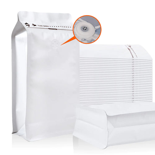 2024 NEW Upgraded Coffee Bags with Valve (50 PCS 16 oz/1 lb) White High Barrier Aluminum Foil Flat Bottom Standing Coffee Bean Storage Bags Reusable Heat Seal Side Zipper Pouches for Home and Store ITDinos®