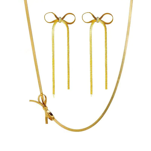 Bow Dangle Choker Necklace Set for Women Long Tassel Chain Earrings Dainty Gold Snake Chain Necklace Wedding Prom Fashion Jewelry Set Gifts ITDinos®