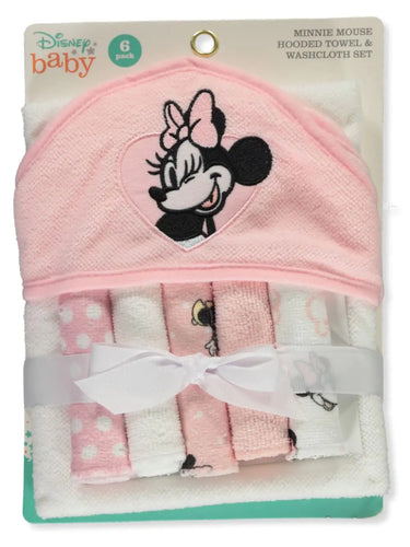 Disney Baby Minnie Mouse Hooded Towel with 5 Piece Washcloth Set Rosy Dream Print GS71796 ITDinos®
