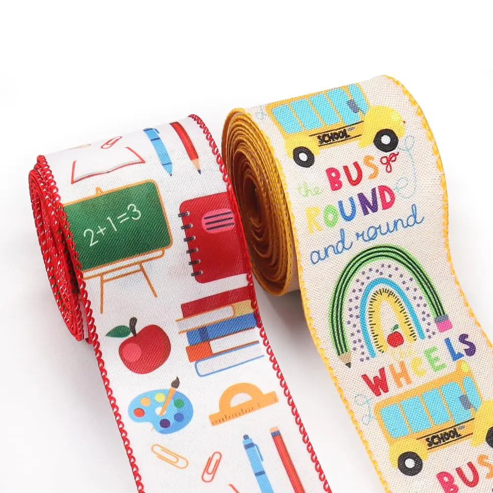 2 Rolls Back to School Fabric Ribbons School Theme Burlap Linen Ribbons School Bus Apple Books Ribbons for First Day of School Gift Wrapping Outdoor Hanging Decoration Supplies (2.5 Inch * 5 Yards) ITDinos®