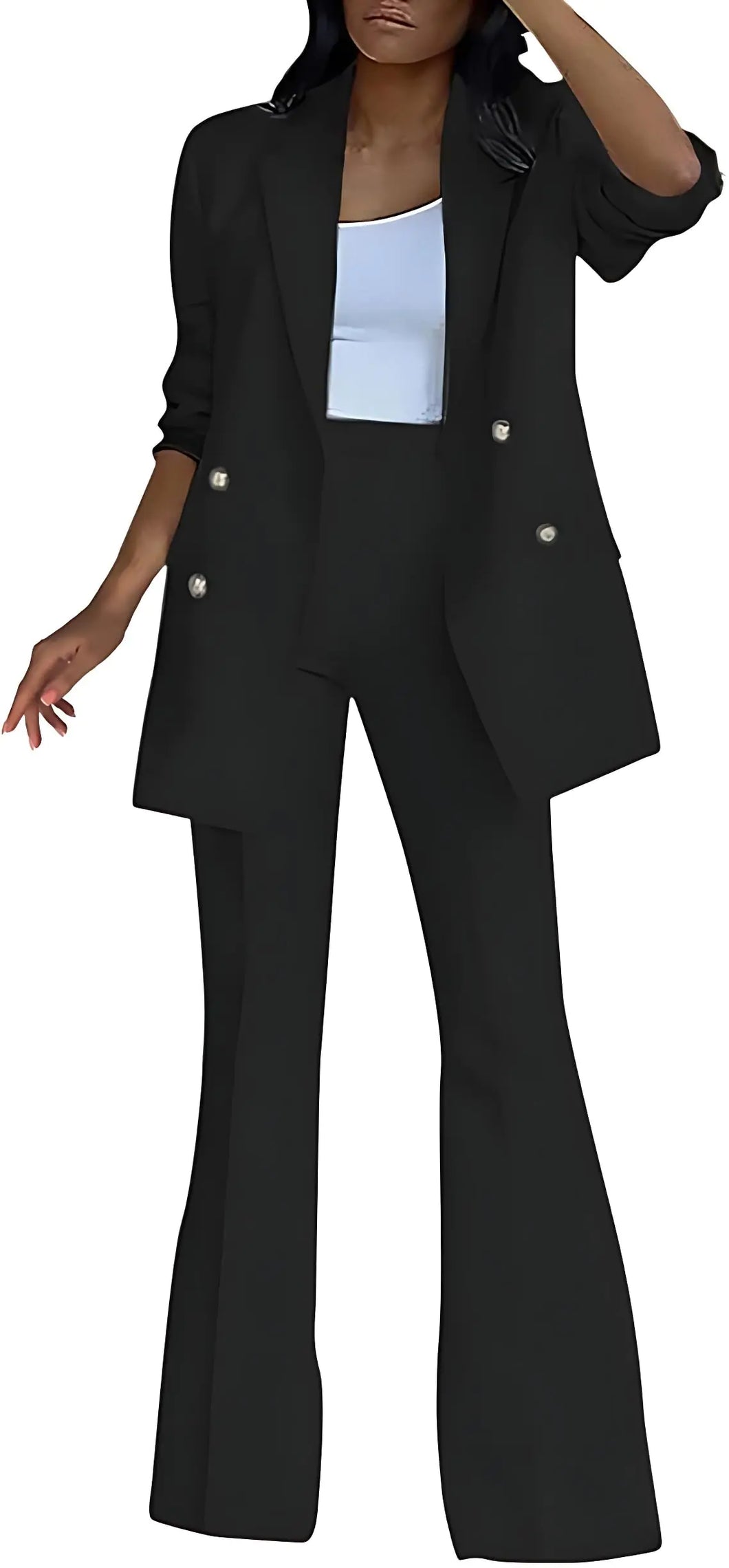 2024 Women Pantsuit Wide Leg 2 Piece Set Dressy Office Business Attire Work Wear Long Plus Size Professional Fall Formal Casual Blazer Jacket Pant Suit Elegant Suiting Interview Outfit Black-M ITDinos®