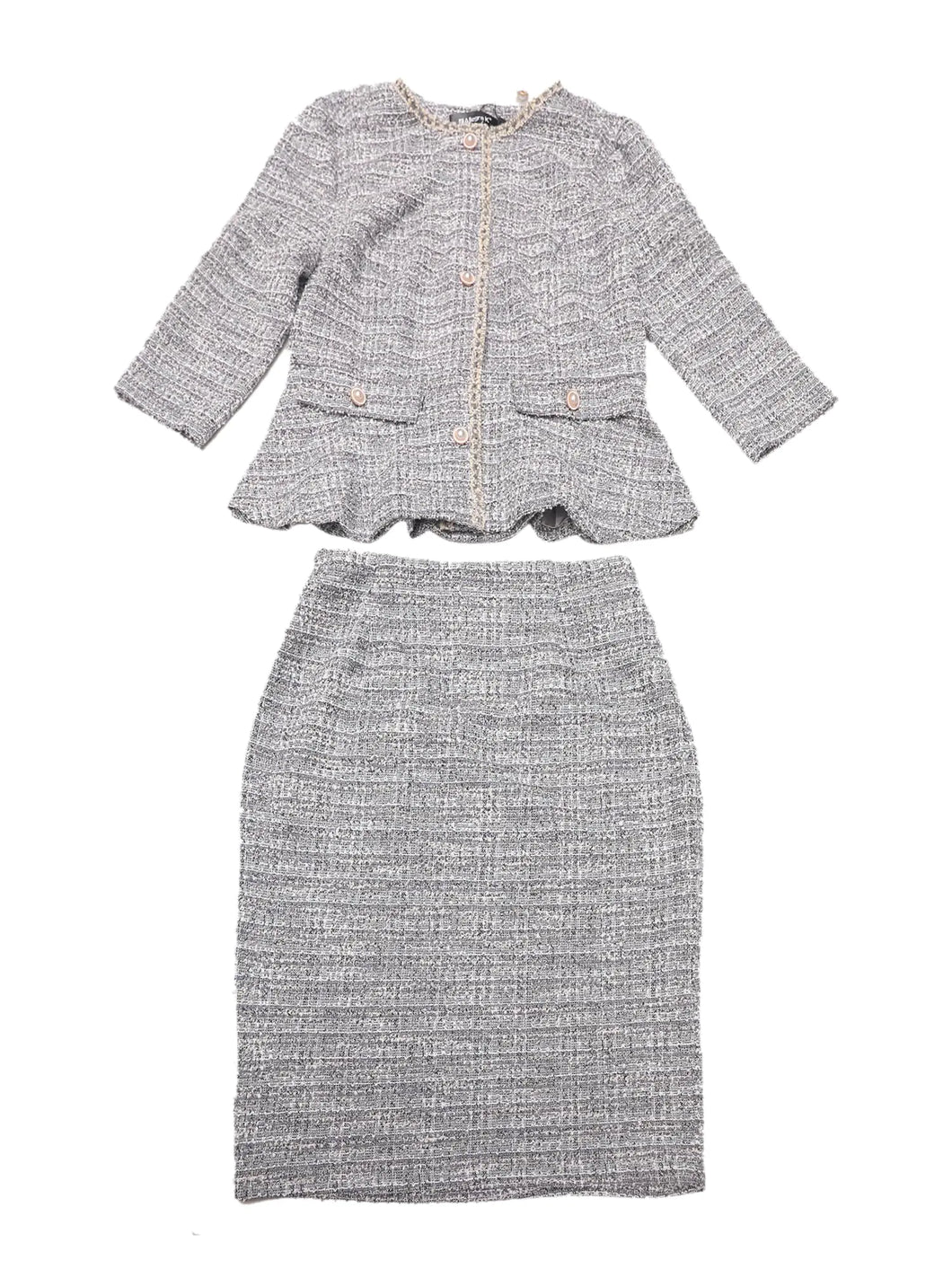 Allegra K Womens 2 Piece Tweed Business Suit Button Down 3/4 Sleeve Jacket Pencil Skirt Elegant Skirt Set Large Gray Blue ITDinos®