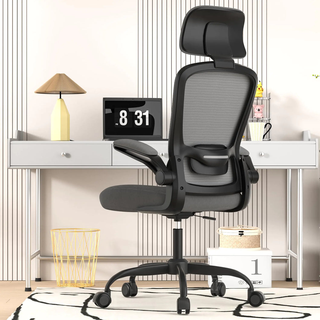 Ergonomic Mesh Office Chair High Back Computer Desk Chair with Adjustable Lumbar Support & Headrest Swivel Task Chair with Flip-Up Armrests for Home & Office (English Dark Grey)