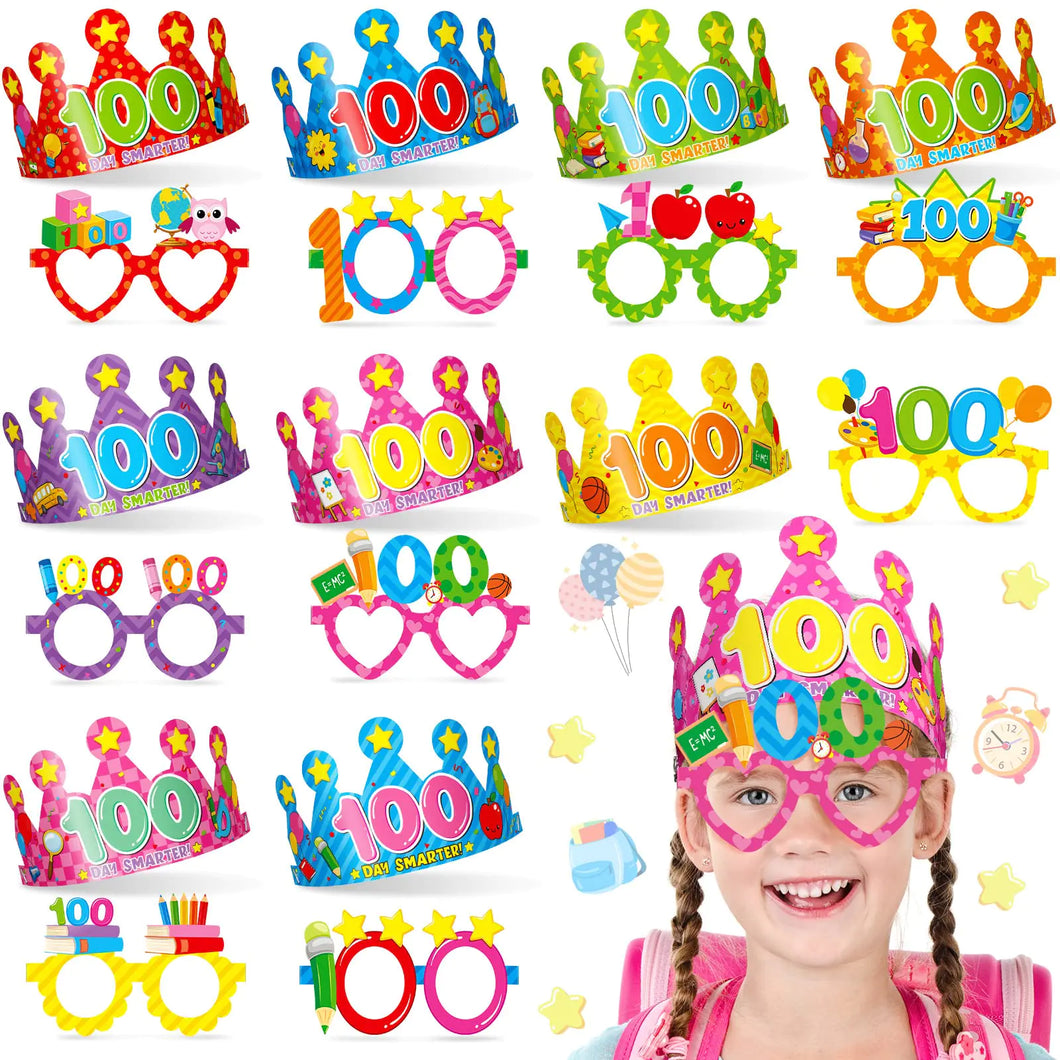 54 Pieces 100th Day of School Glasses and Crowns 100 Days Colorful Paper Eyewear 100th Days Party Paper Hats for Kids 100 Days of School Gifts Kindergarten Preschool Primary Activities Supplies ITDinos®