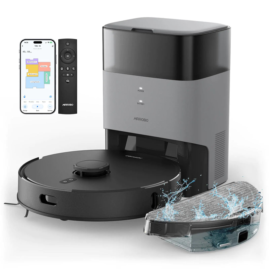 AIRROBO Robot Vacuums and Mop Combo Self-Emptying 60-Day Capacity Home Mapping Schedule Wi-Fi/App/Alexa/Remote 180mins Runtime T20+ Robotic Vacuum Cleaner for Pet Hard Floors Carpet ITDinos®