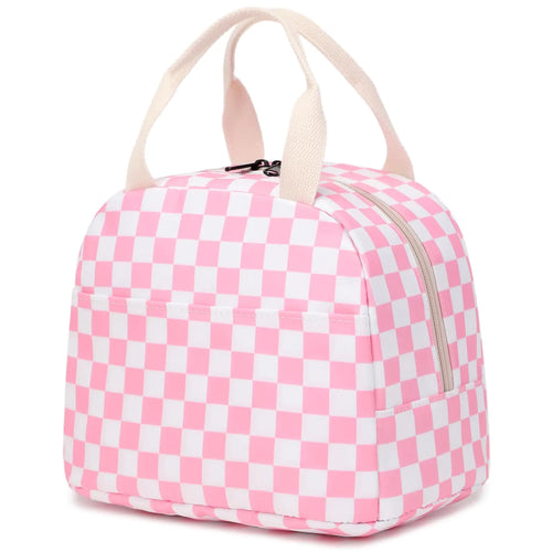 Checkered Lunch Bag for Girls Women Cute Insulated Leakproof Lunch Box Container Reusable Cooler Lunch Tote Bag for Teens Kids Adults School Travel Picnic (Pink) ITDinos®