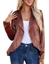 Load image into Gallery viewer, KOJOOIN Womens Long Sleeve Velvet Blazer Jacket Suit Open Front Ruffle Work Office Cardigan Coat Velvet-Brown 2XL ITDinos®
