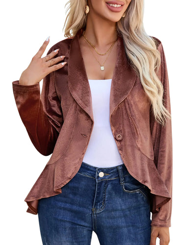 KOJOOIN Womens Long Sleeve Velvet Blazer Jacket Suit Open Front Ruffle Work Office Cardigan Coat Velvet-Brown 2XL ITDinos®