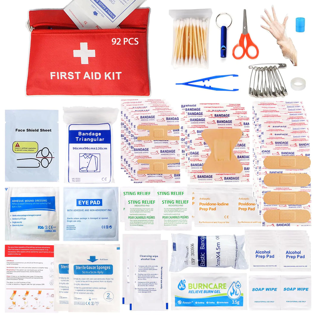 First Aid Kit - 92 Piece Mini Emergency Kits for Car Basic Outdoor Essentials Survival Trauma Kit Bag Small Travel Medicine Kit for Home Sports Boat Vehicle Office Camping Hiking