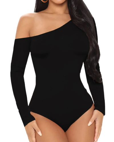 Womens sexy One Shoulder Long Sleeve Tops T Shirt Bodysuit Jumpsuit (Black Medium) ITDinos®