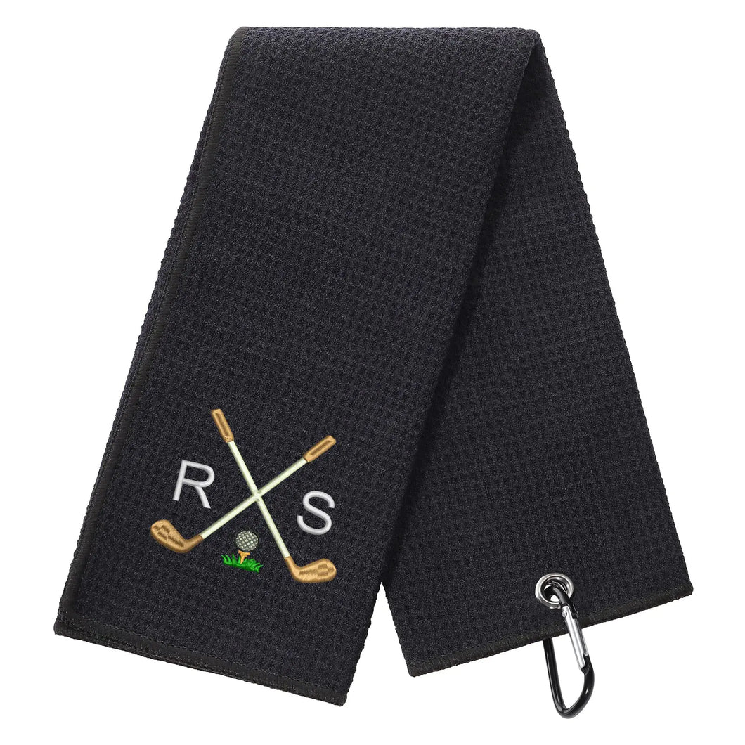 Golf Towel Personalized Golf Towels for Men Embroidered with Carabiner Clip Custom Golf Towel Golf Gifts Microfiber Waffle Pattern Tri-fold Towels for Golf Bags for Men(BlackGold Clubs)