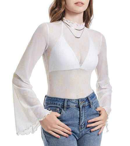 70s Womens Bell Sleeve Top Floral Tops for Women Disco Outfit Mock Neck Flare Tops Semi Sheer Mesh Long Sleeve Top Crop T Shirt White Floral Large ITDinos®